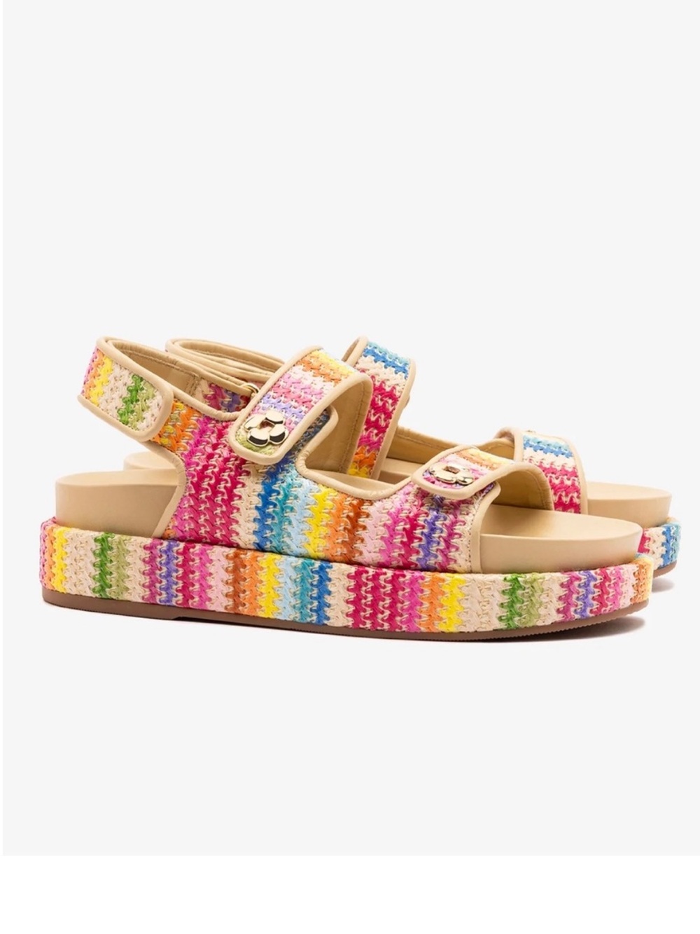 Larroude Jetty Sandal Rainbow Raffia Beige Leather Platform Chunky Boho Size 7.5